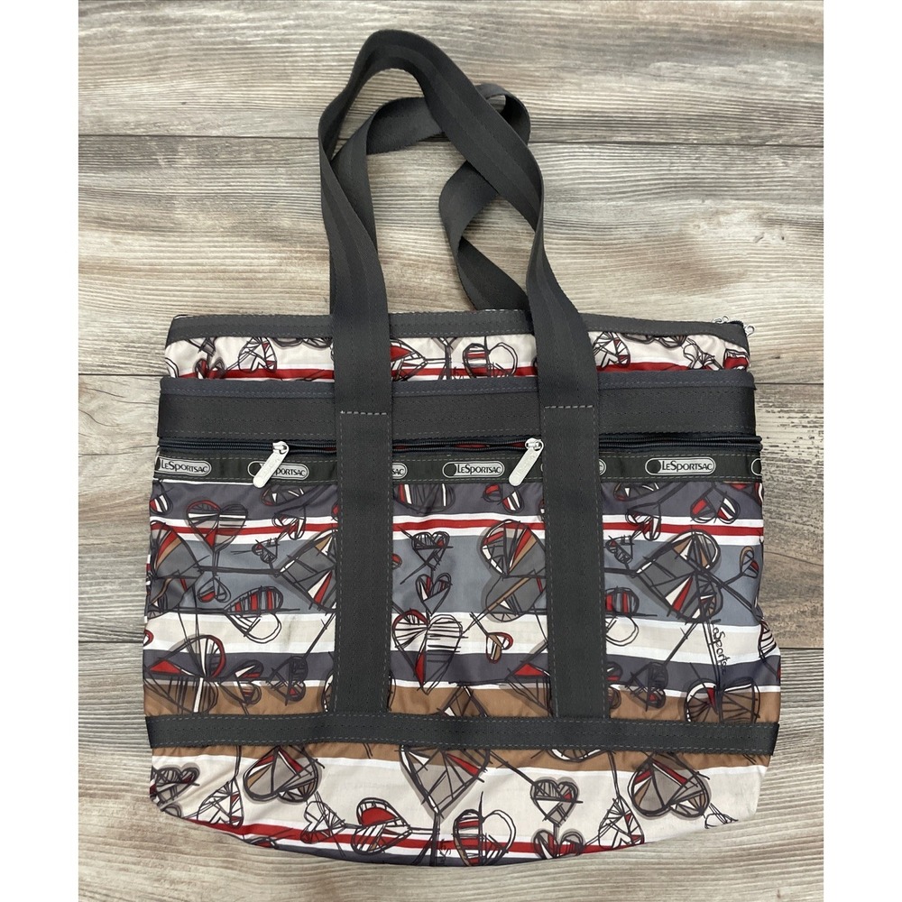 LeSportSac Artistic Stripe Heart Pattern Tote Bag Handbag Multicolor Large Zip